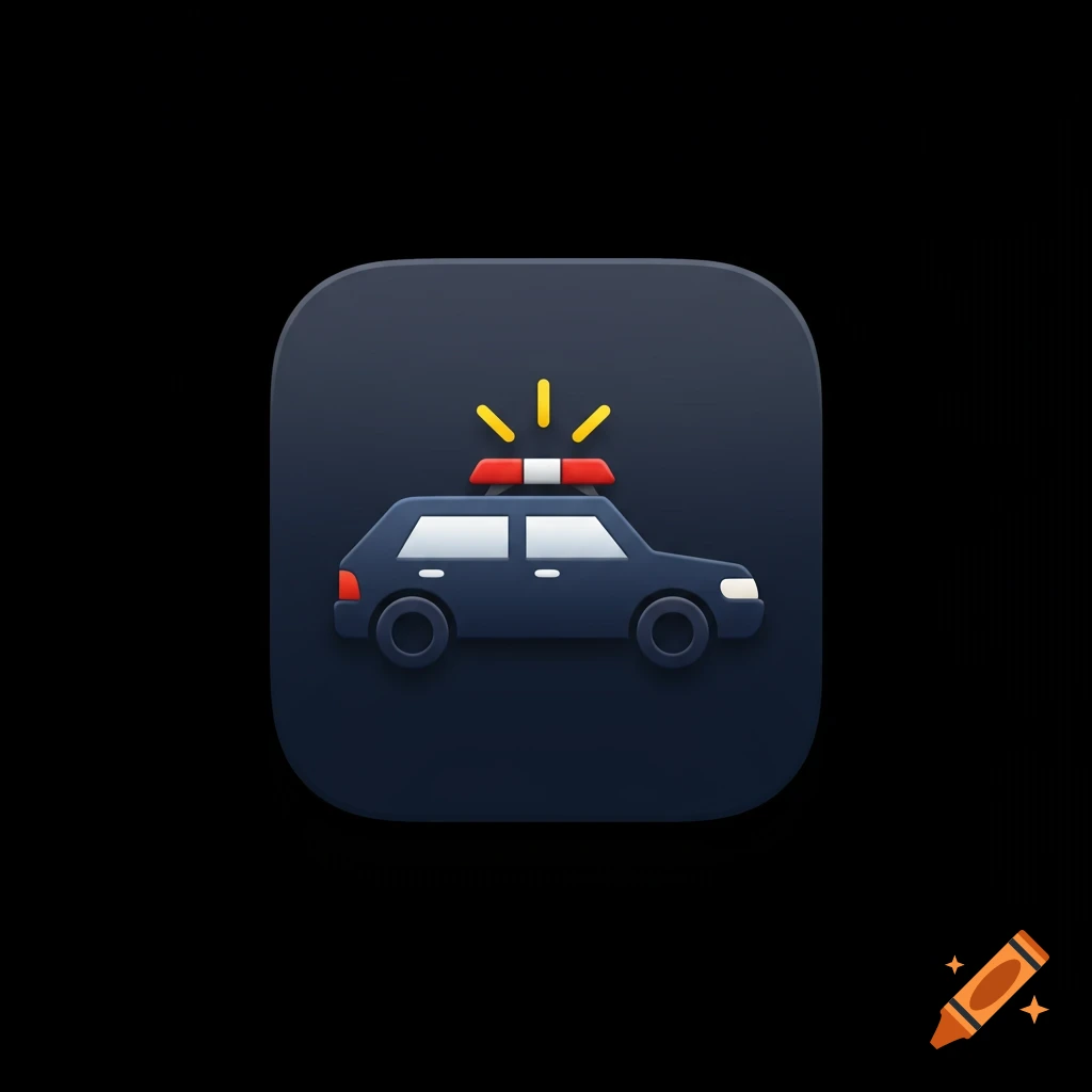 A dark blue police car icon with flashing lights on a rounded dark background.