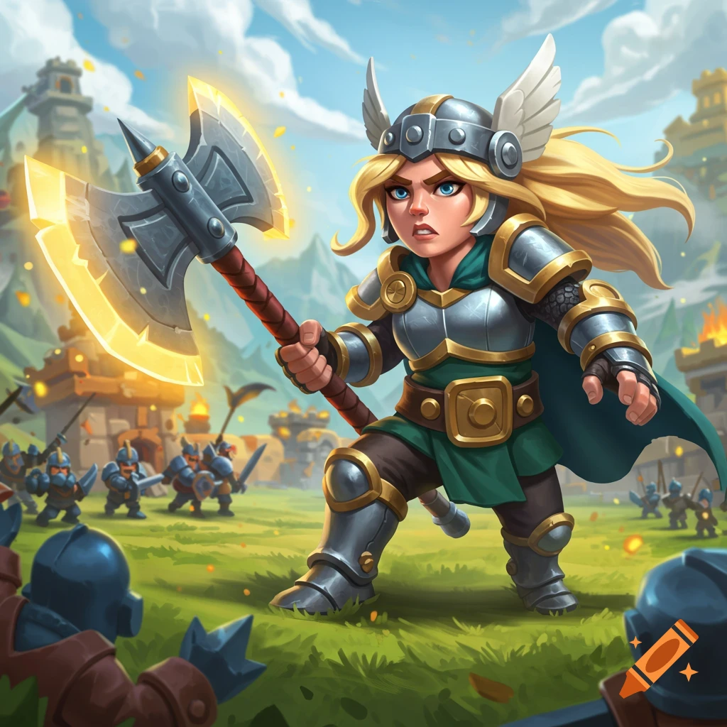 A small warrior in metal armor and winged helmet holds a glowing axe on a battlefield, cartoon fantasy style.
