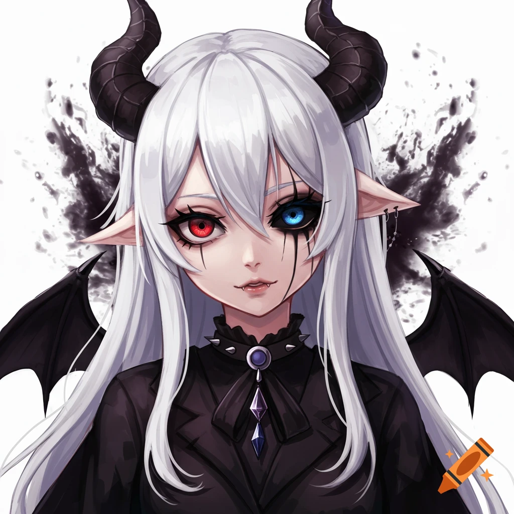 Anime portrait of a white-haired demon girl with horns, wings, and mismatched red and blue eyes.