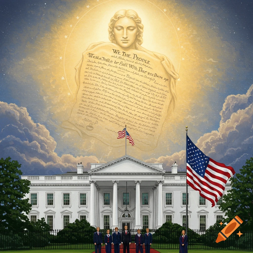 The White House with heavenly light, floating 'We The People' document, government officials, and American flag.