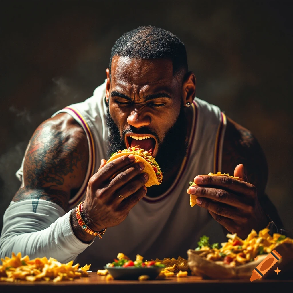 A man resembling LeBron James aggressively eats a taco with other food on a table.