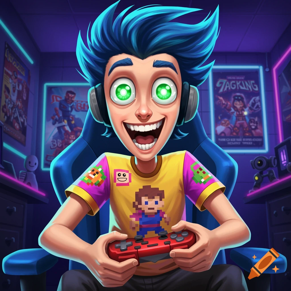 Cartoony person with bright eyes playing video games in a neon-lit room.