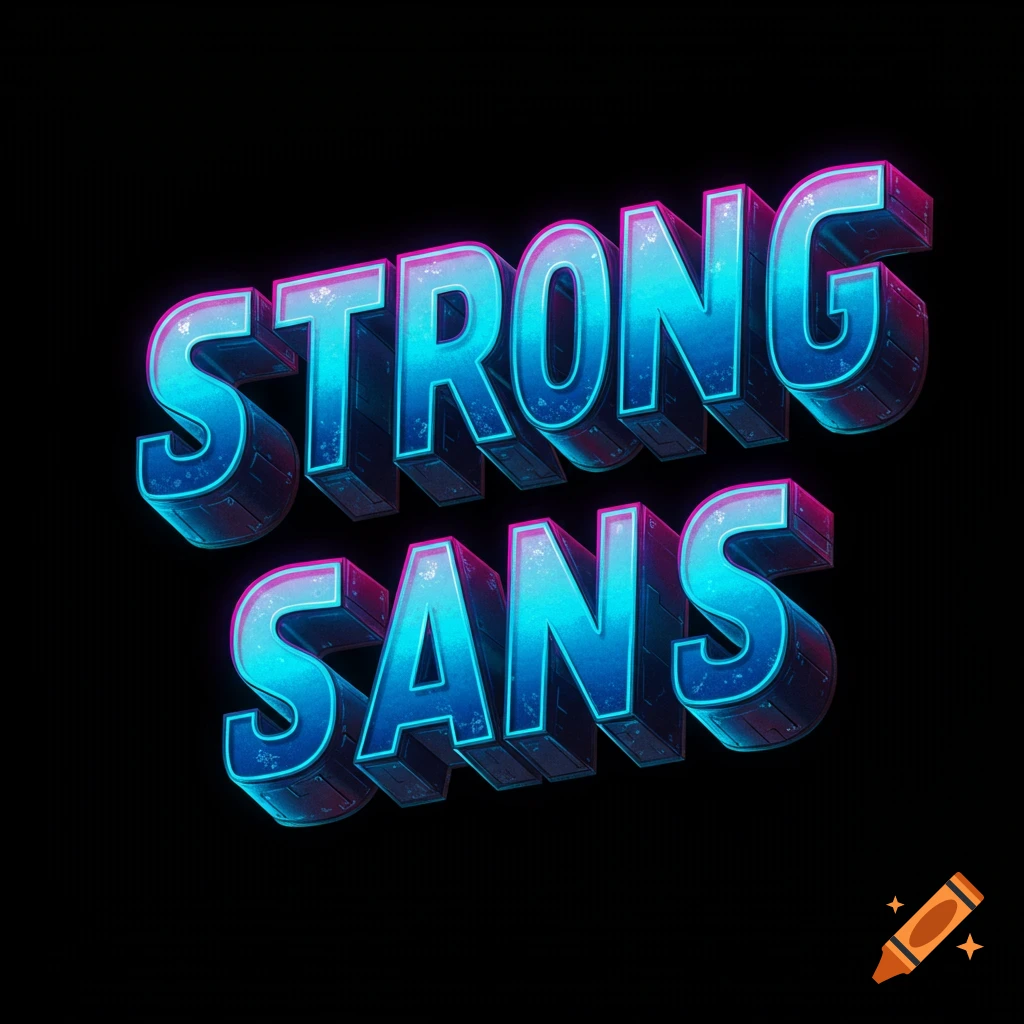 3D rendered text says STRONG SANS with blue and pink neon lighting.