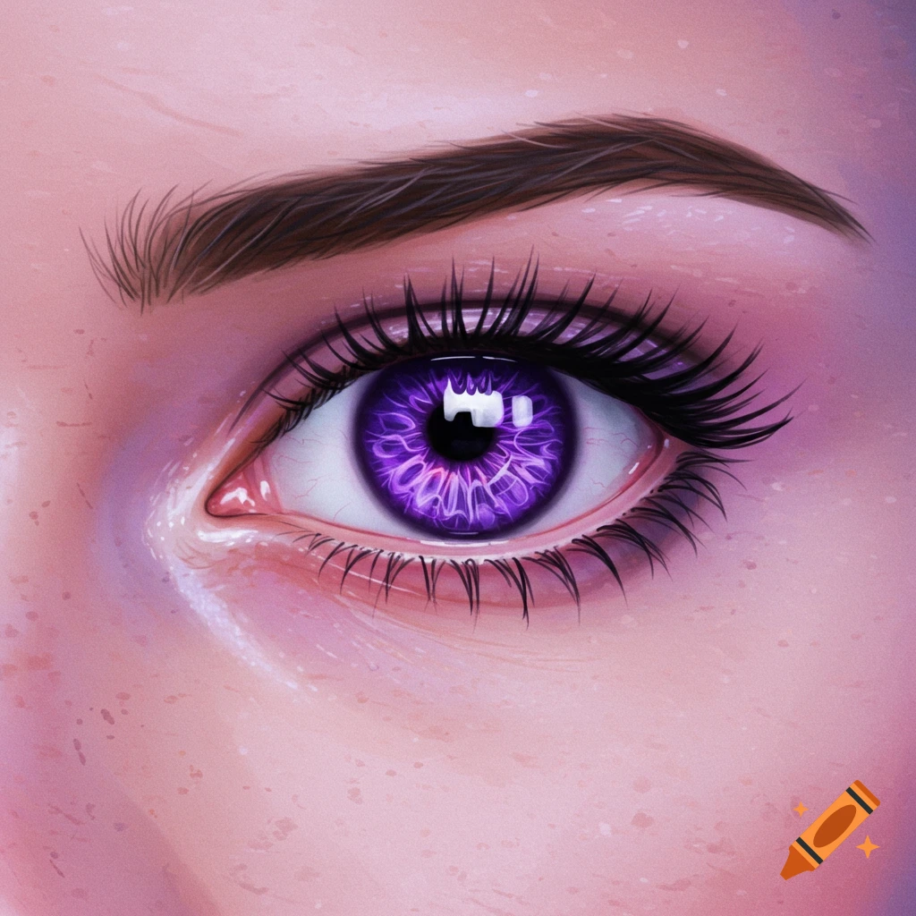 Close-up illustration of a purple eye with intricate iris pattern.