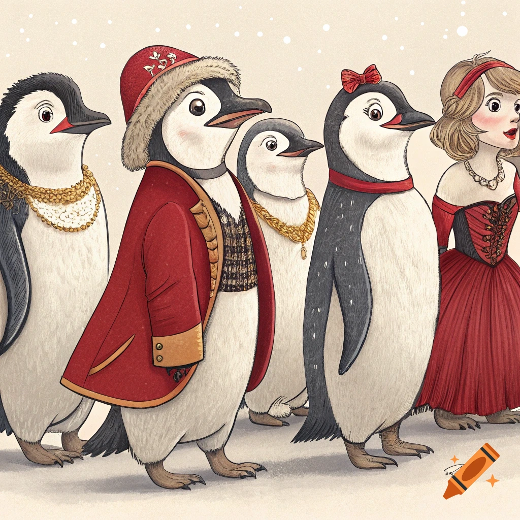Illustrated line of penguins and a person dressed in costumes.
