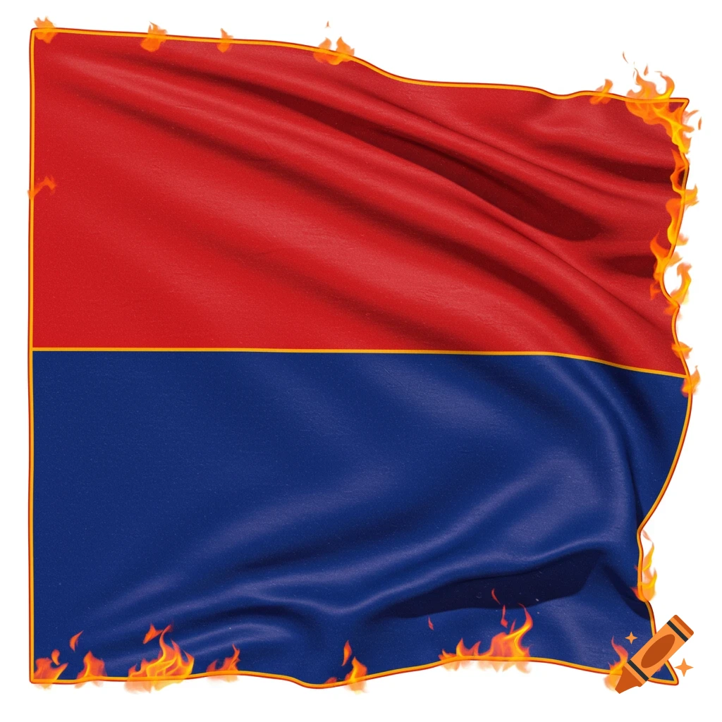 A flag with a red top, blue bottom, and orange outline, burning at the edges.