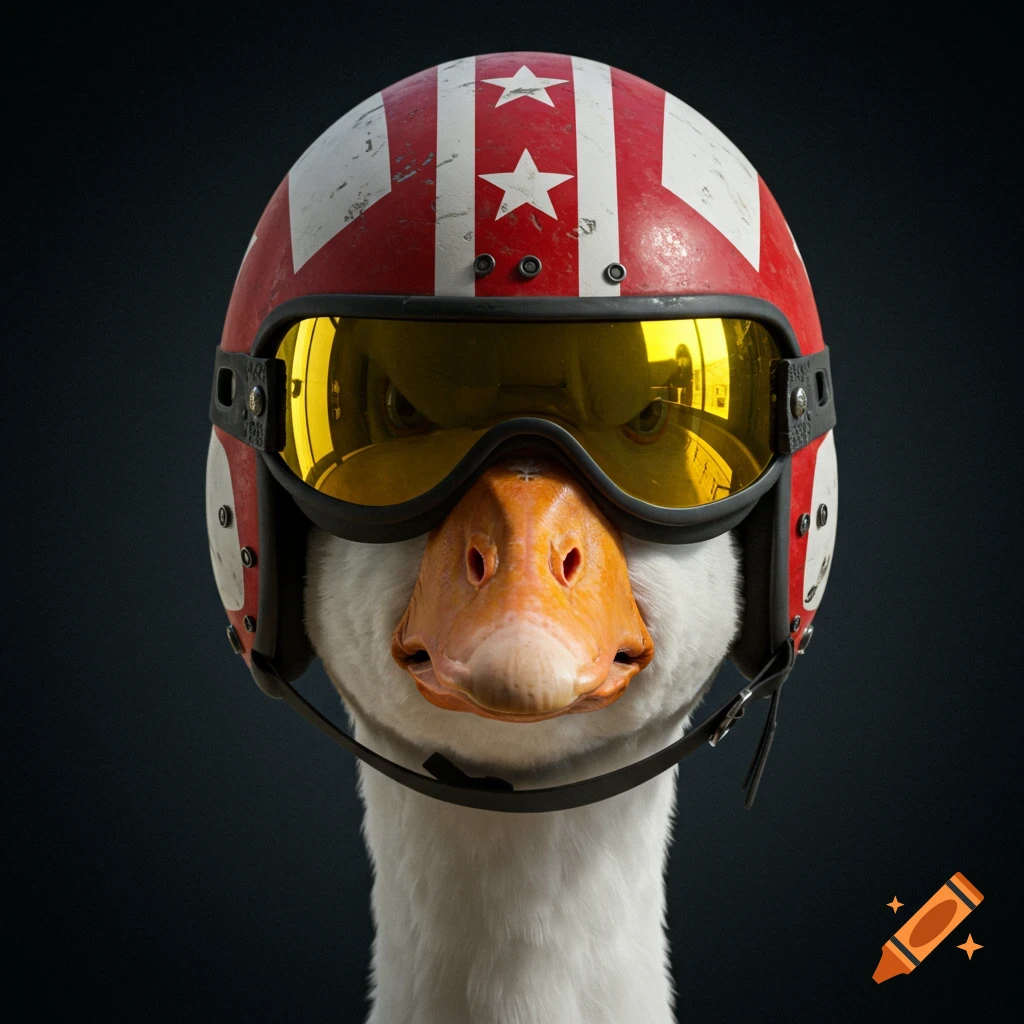 Close-up portrait of a white goose wearing a red and white striped pilot helmet with gold mirrored goggles, looking angry.