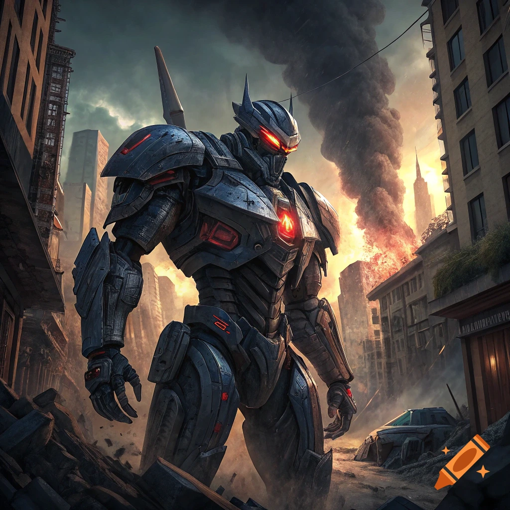 Large dark grey robot with red glowing eyes stands in a destroyed city with smoke and fire in the background.