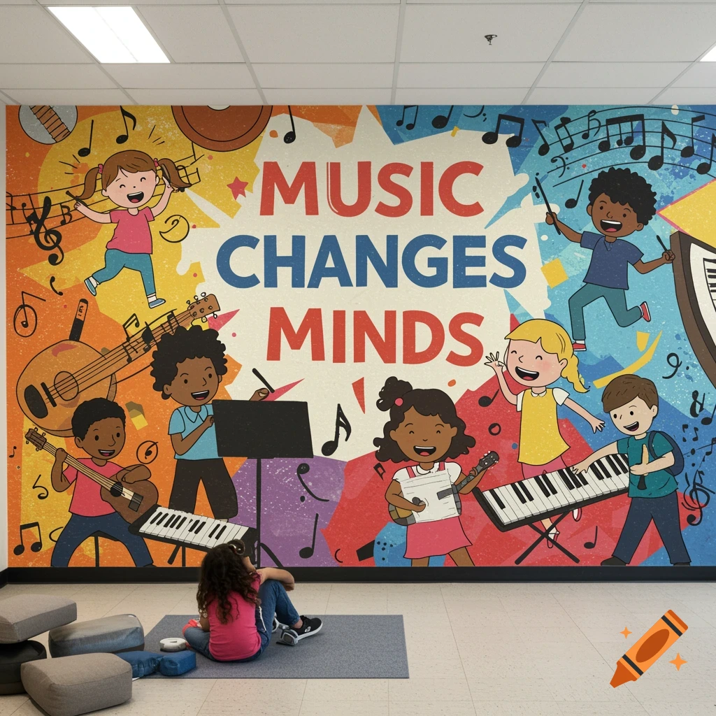 A colorful mural shows cartoon children playing musical instruments, with the text "MUSIC CHANGES MINDS".
