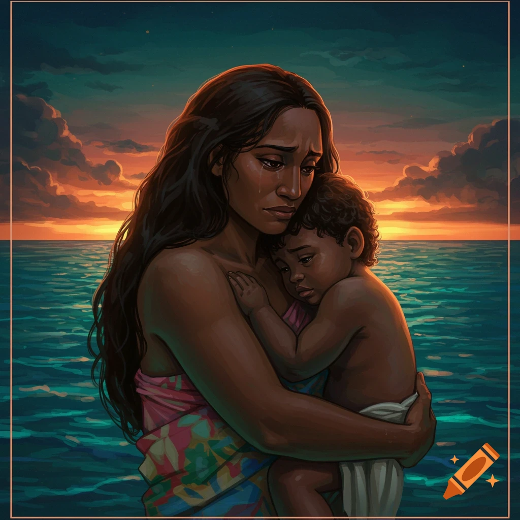 A crying mother holds her child in the ocean at sunset. Illustration.