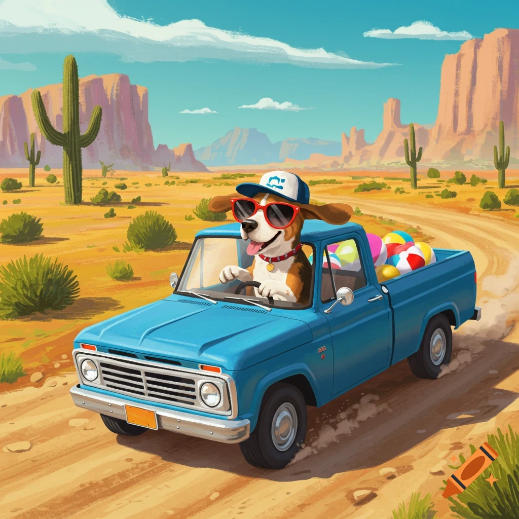 An illustration of a cartoon dog driving a blue pickup truck through a desert landscape, wearing sunglasses and a hat.