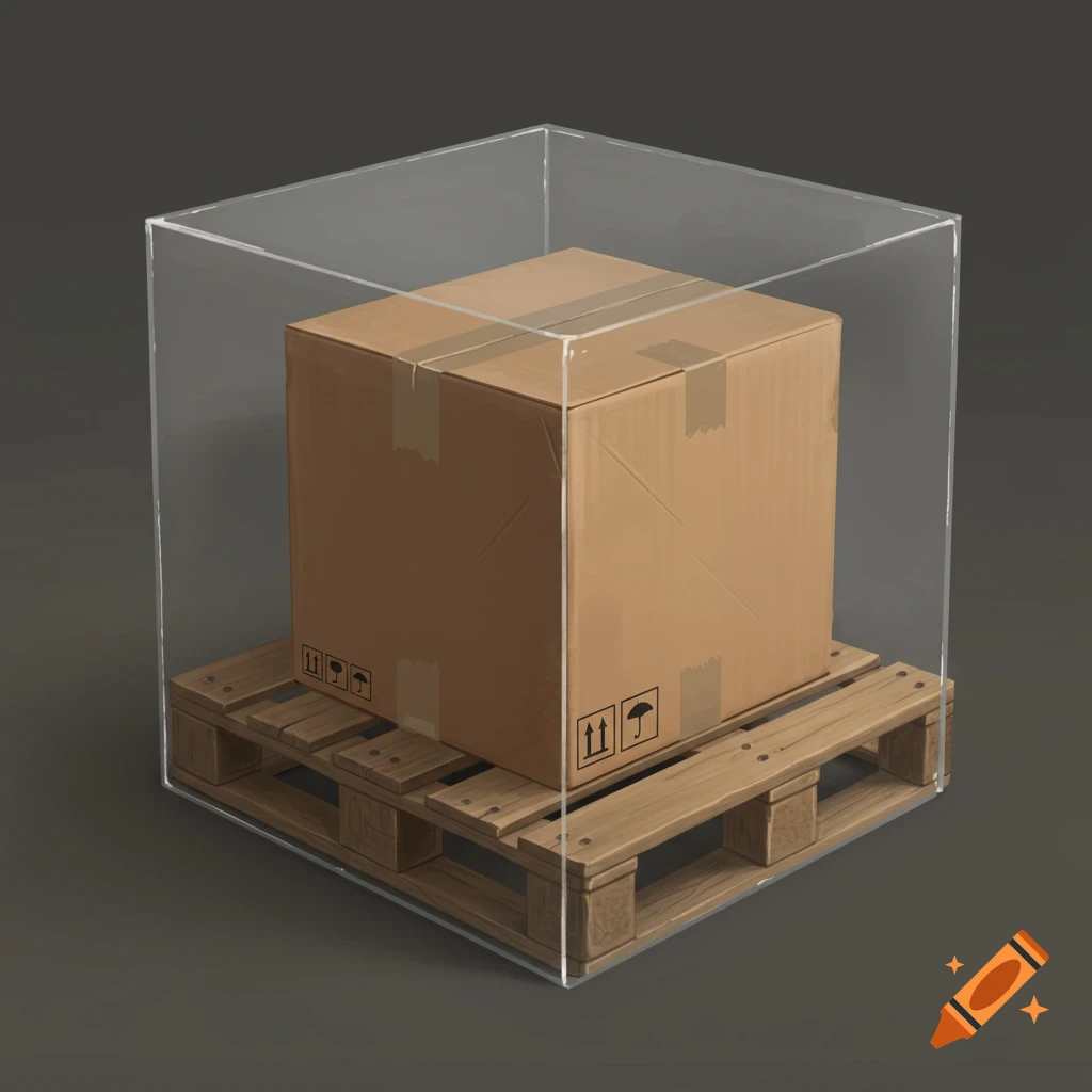 A cardboard box sits on a wooden pallet inside a transparent acrylic cube.