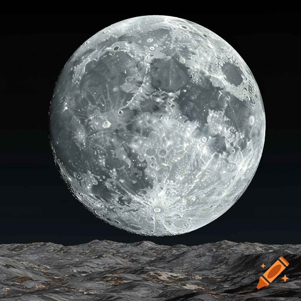 A large moon hangs in a dark sky above a rocky, cratered surface.