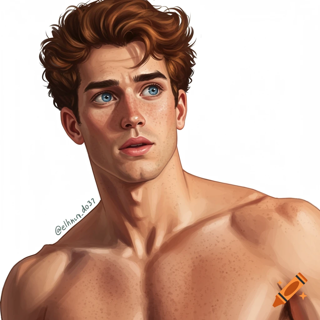 Digital illustration of a young man with brown hair, blue eyes, and freckles.