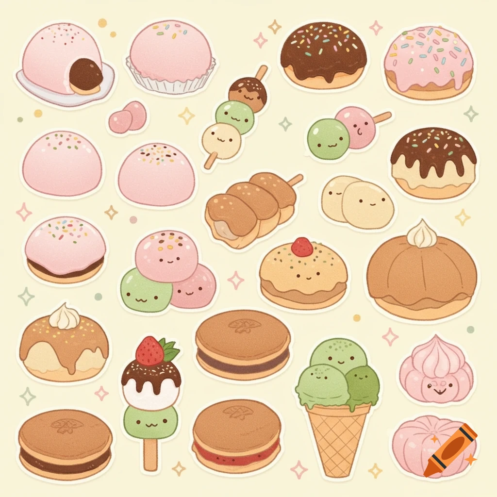Sticker sheet of Japanese desserts