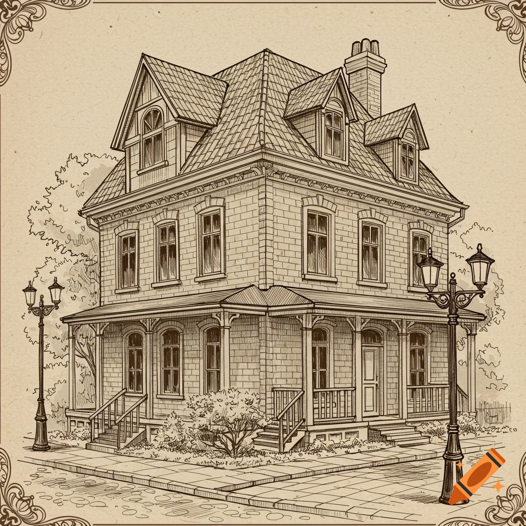 Ink drawing of a vintage house on a street corner with street lamps.