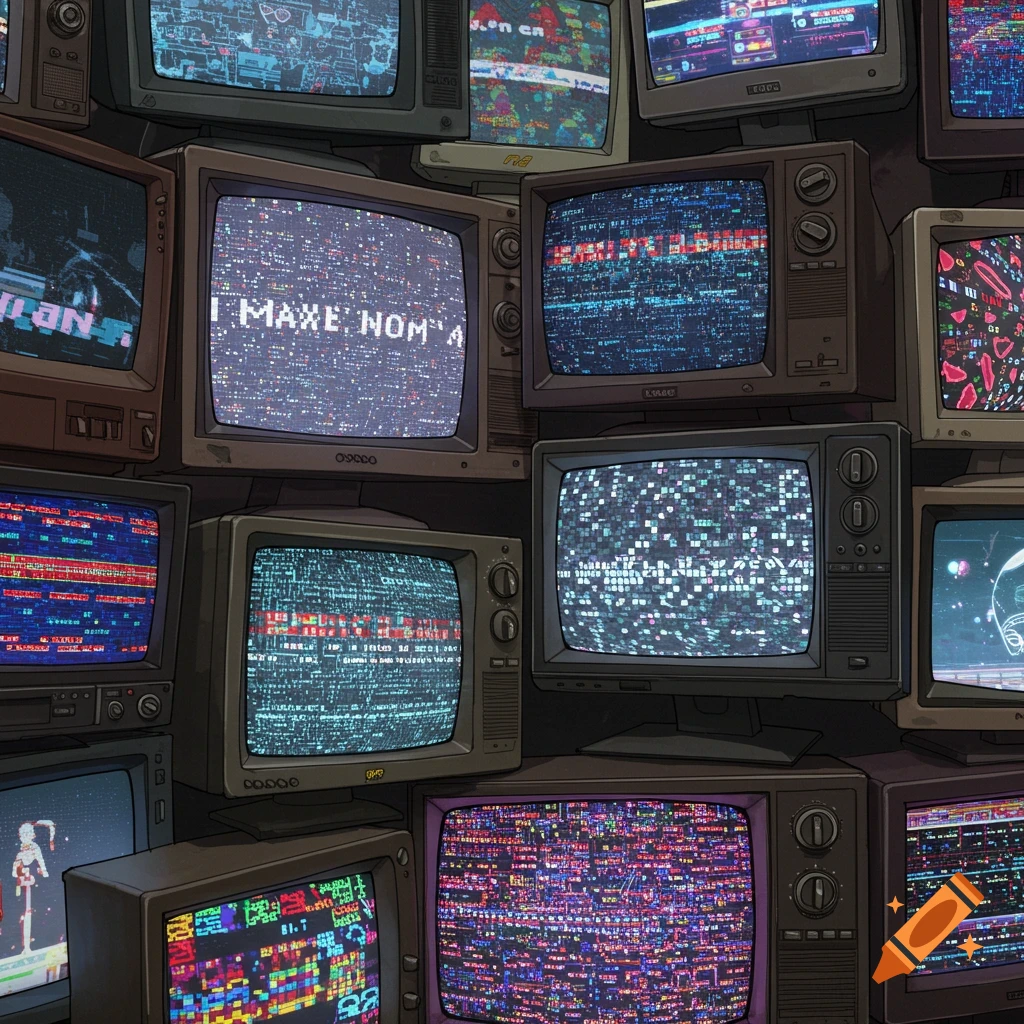 A pile of vintage televisions and monitors displaying static, glitching digital patterns, and distorted text.