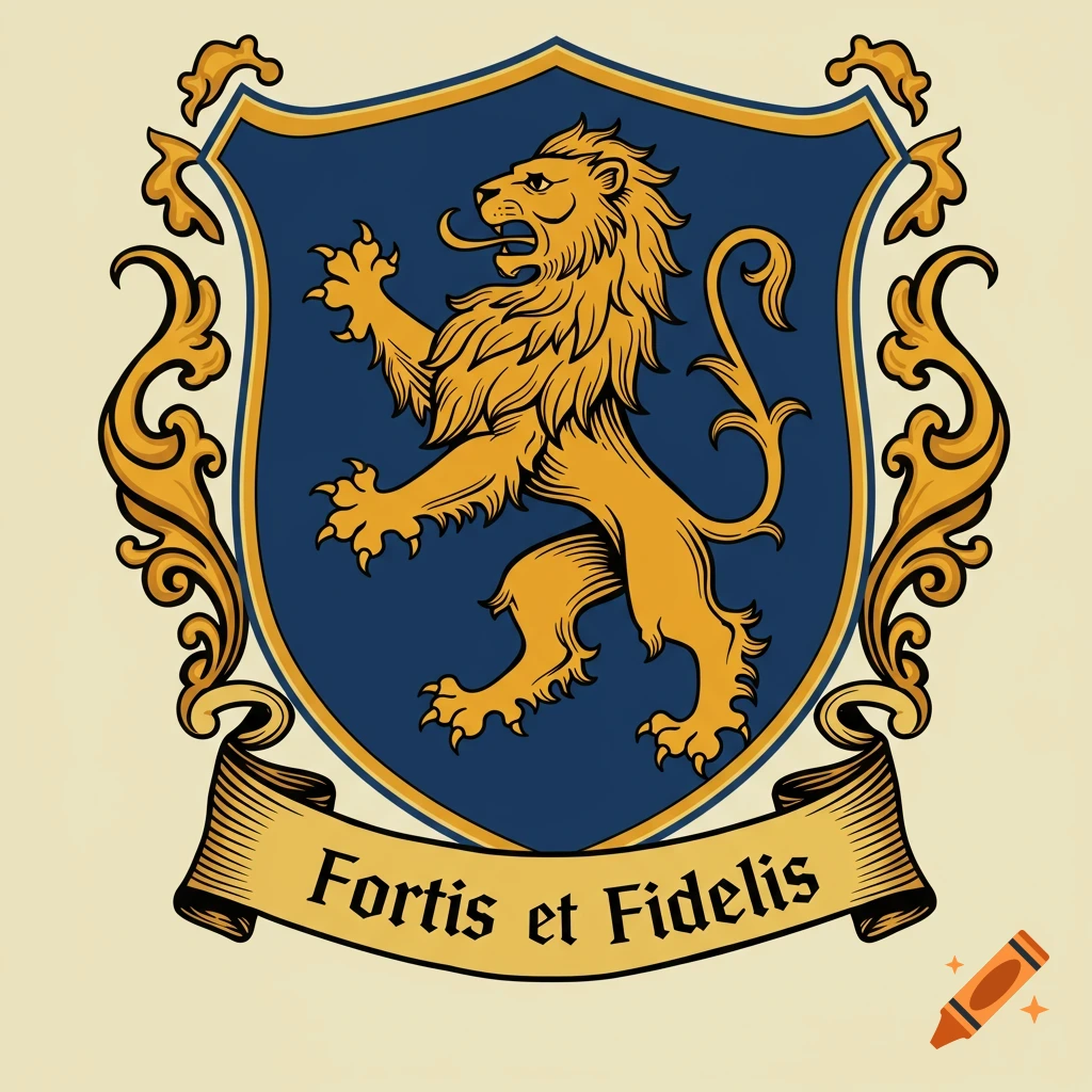 A coat of arms shield with a gold lion rampant on a blue background, framed by gold flourishes and a banner reading Fortis et Fidelis.