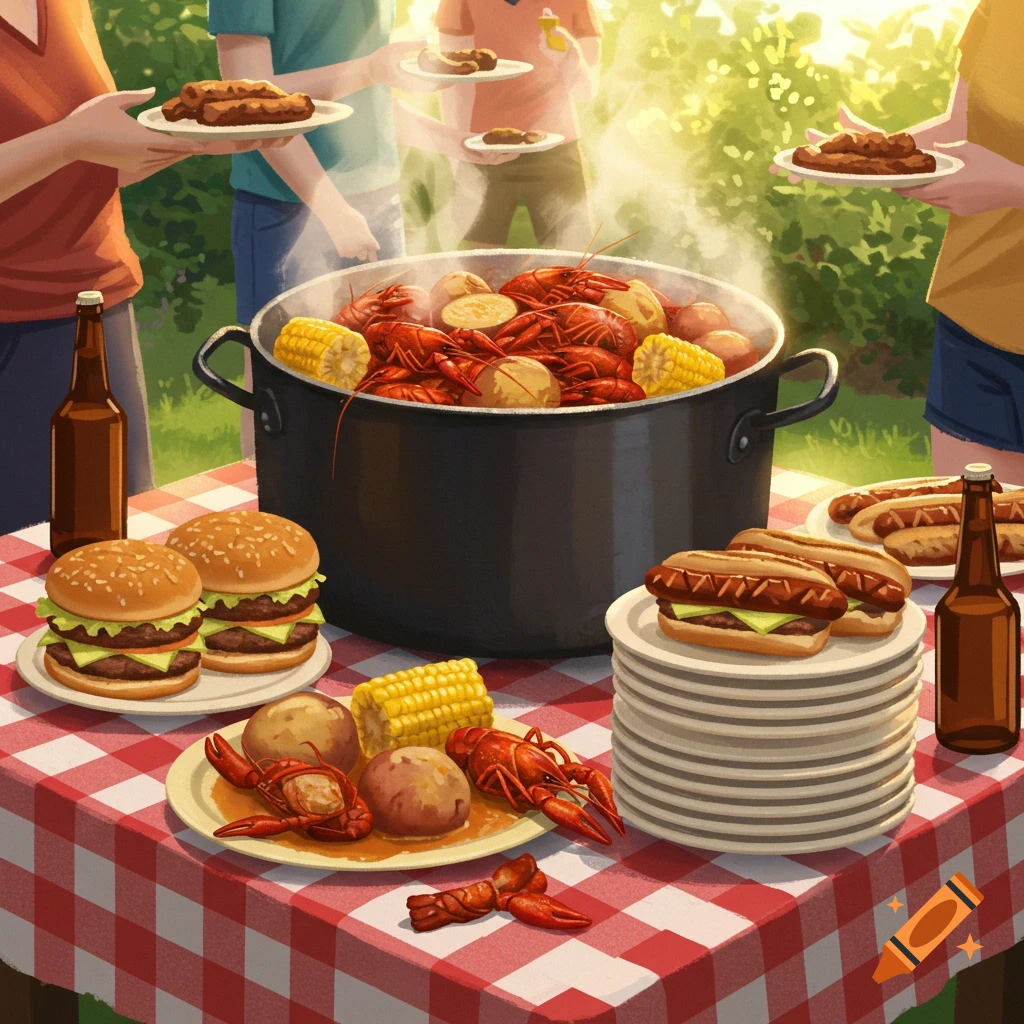 Crawfish boil with hamburgers and hotdogs