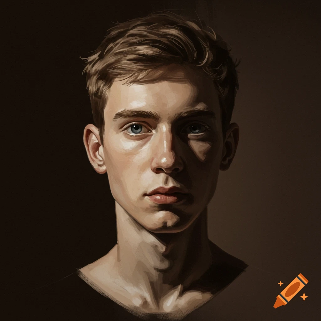 A painting of a young man's face with strong, dramatic lighting.
