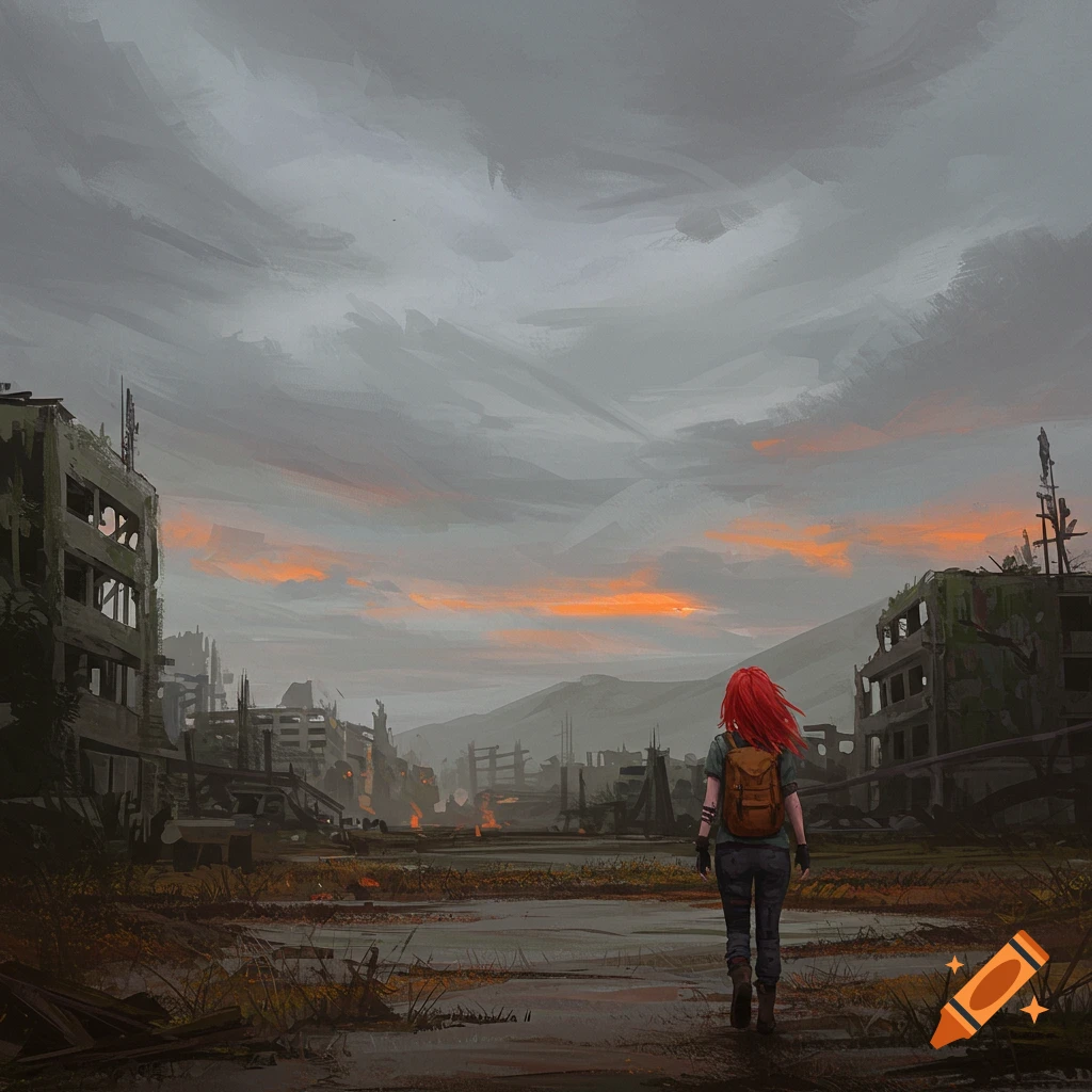 A person with red hair and a backpack walks through a desolate, ruined city landscape towards mountains under an orange sky.