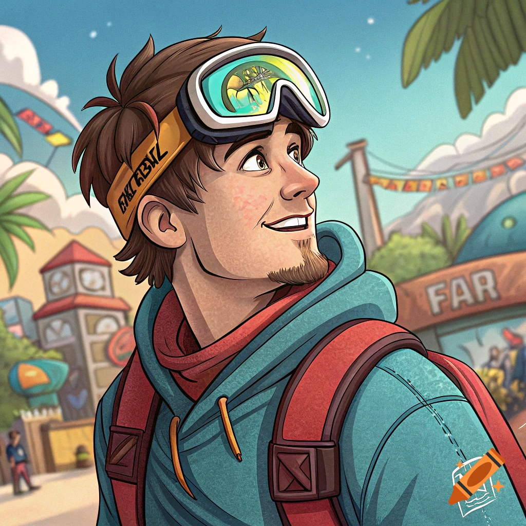 Cartoon portrait of a man wearing goggles and a hoodie, with a backpack, looking up outdoors.