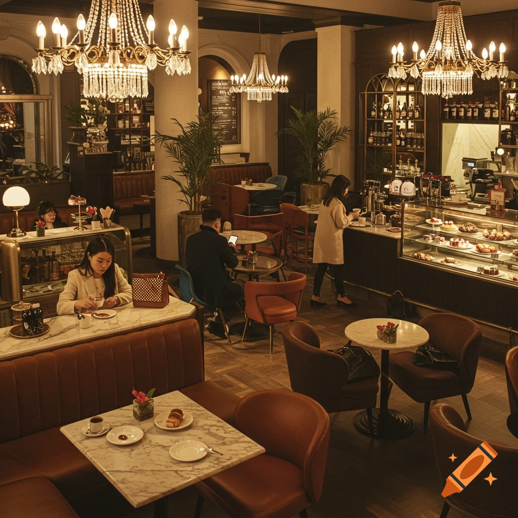 A cafe interior with chandeliers, tables, and people.