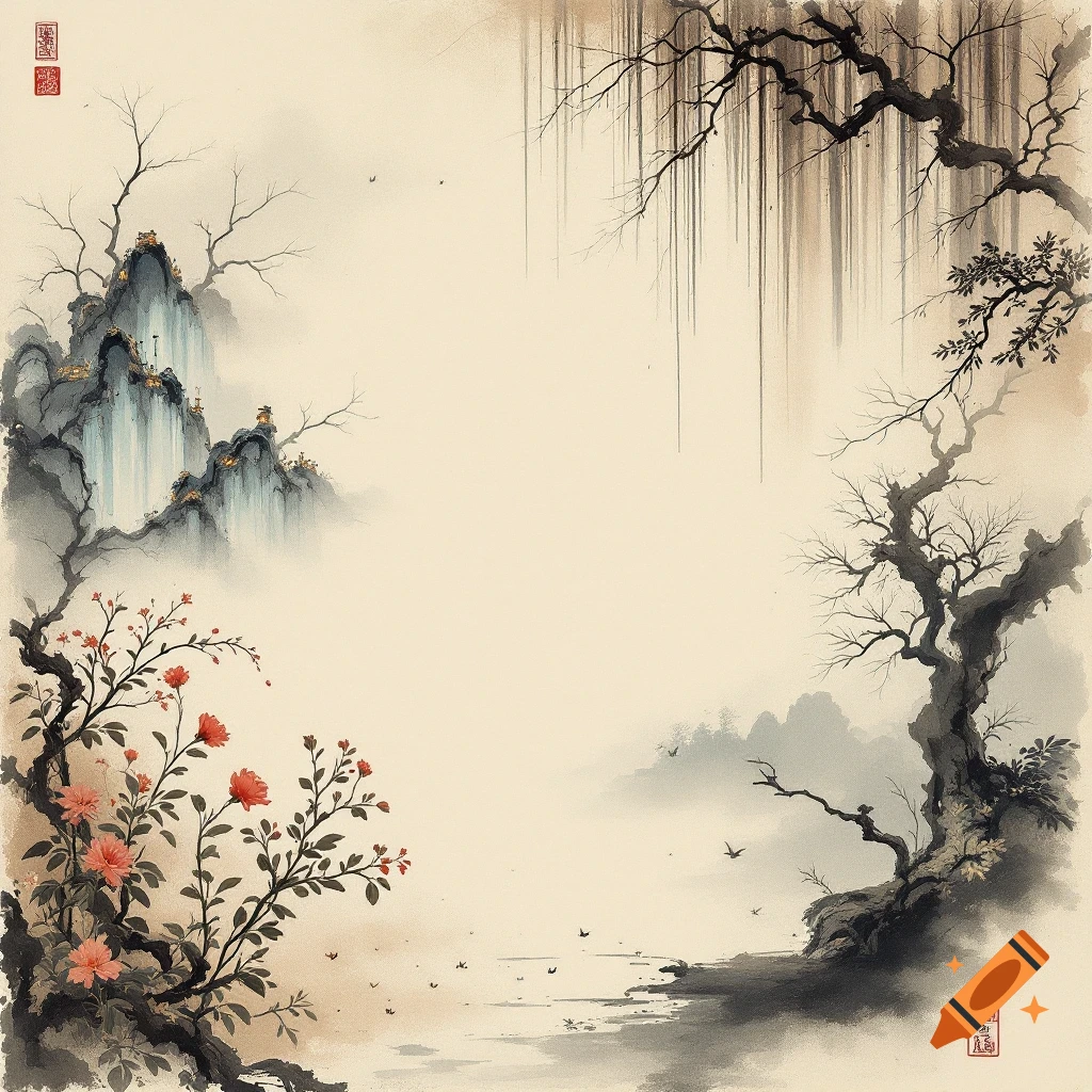 Traditional Chinese ink painting of a misty mountain landscape with trees, flowers, and water.