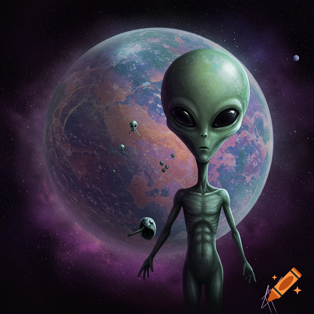 A tall grey alien with large eyes stands in space before a large planet, with smaller alien creatures floating around. Digital art.