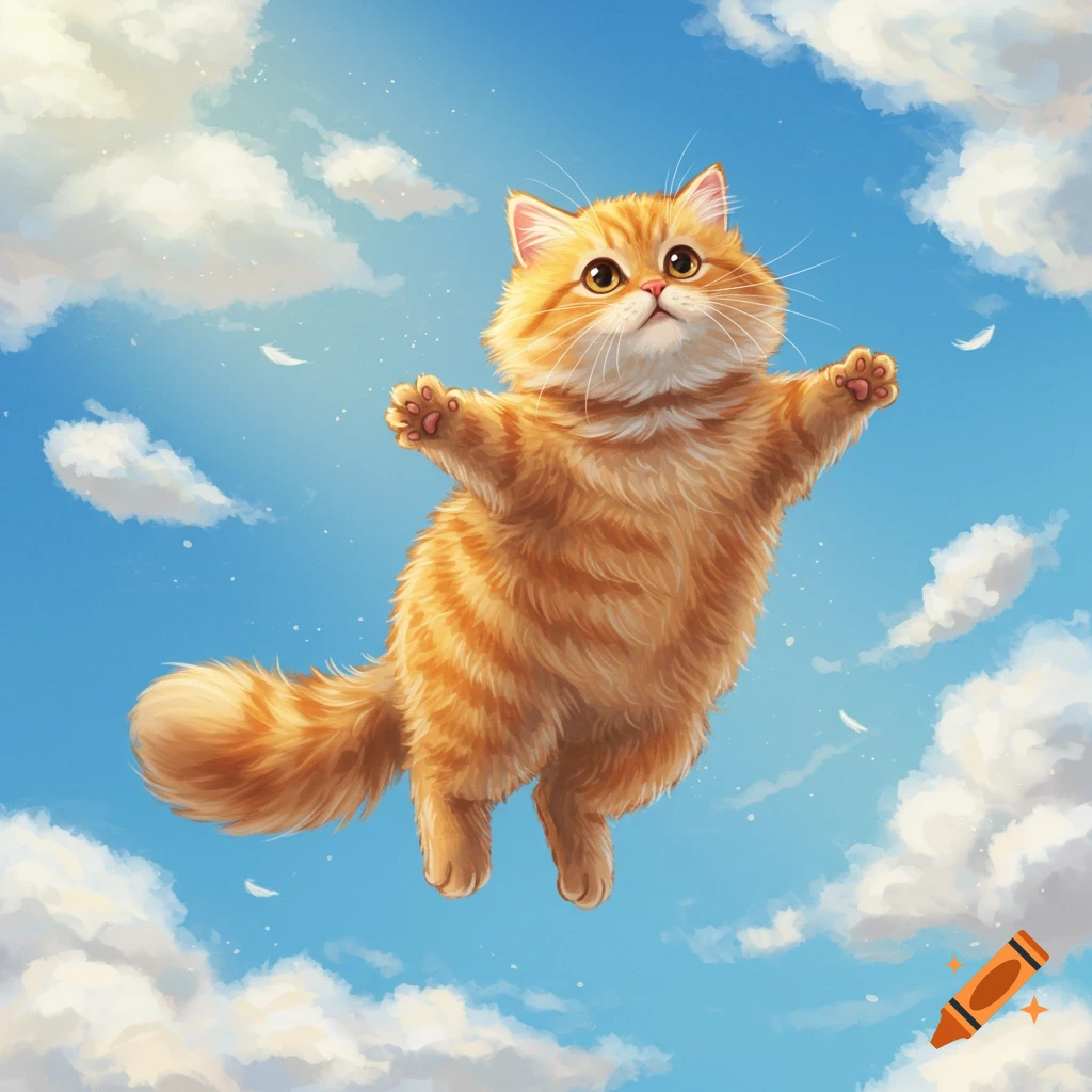 Illustration of a cute fluffy orange cat flying in a blue sky with white clouds
