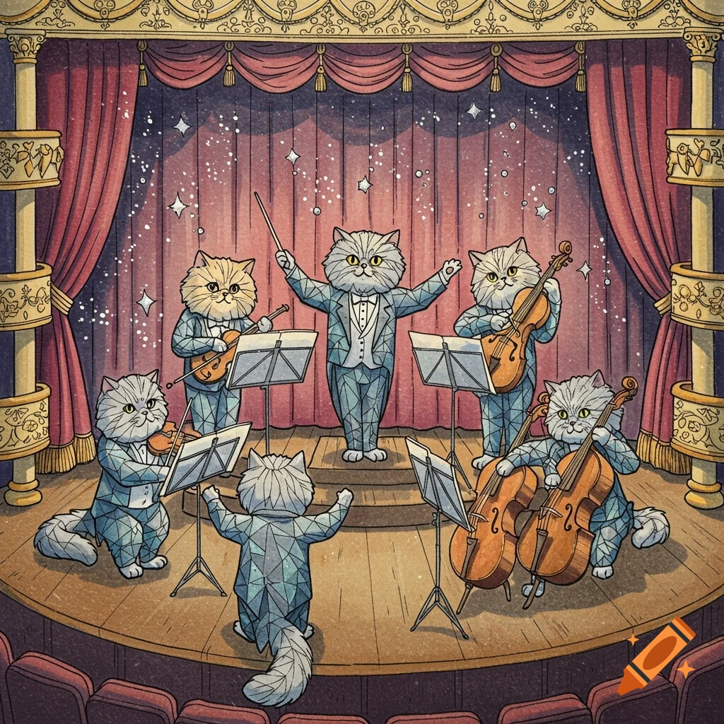 Illustrated orchestra of cats playing instruments on a stage, with faceted textures and red curtains.
