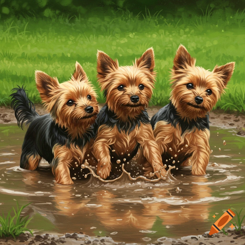 Three Yorkshire Terrier puppies splashing in a muddy puddle, detailed.