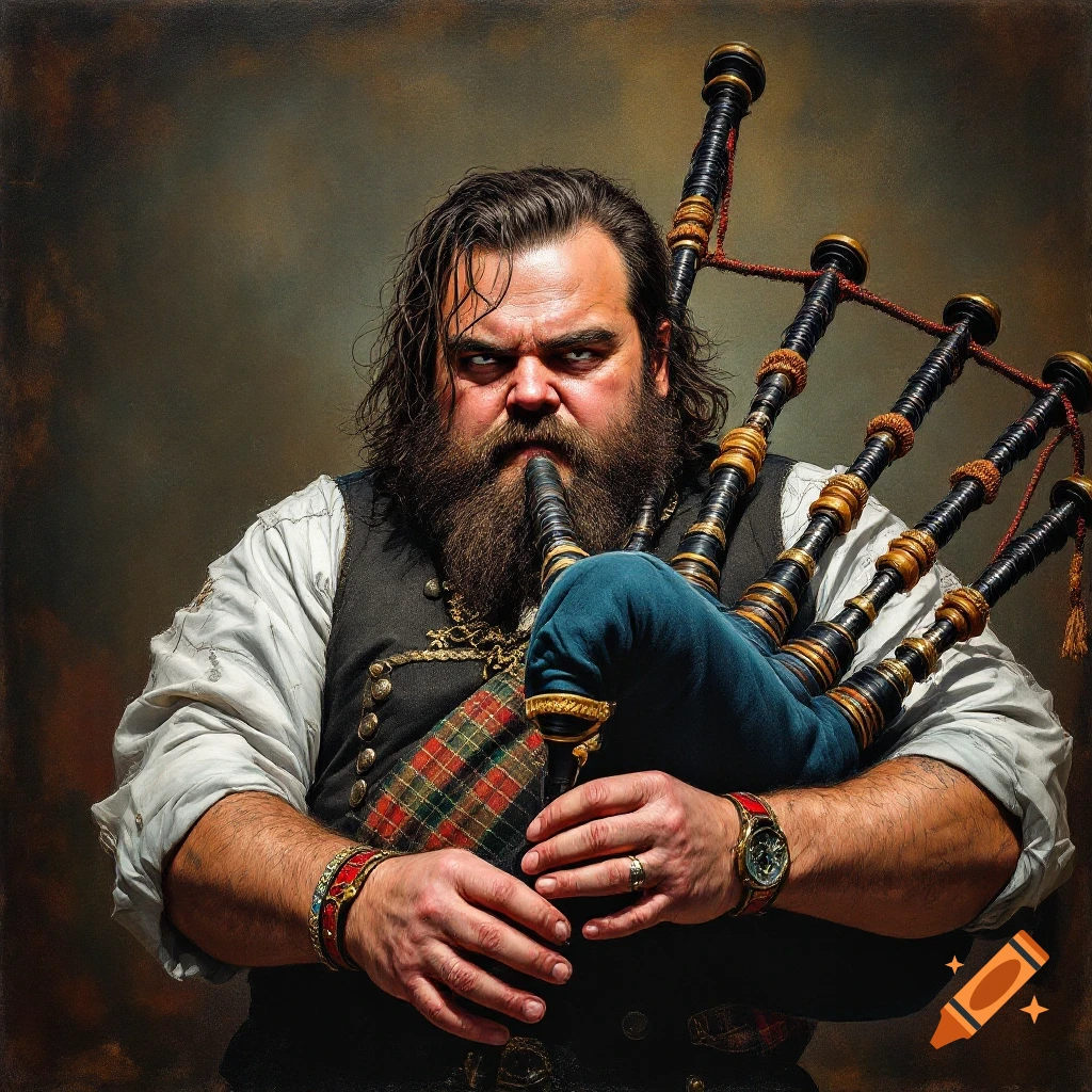 A man resembling Jack Black plays bagpipes, wearing a waistcoat and tartan.