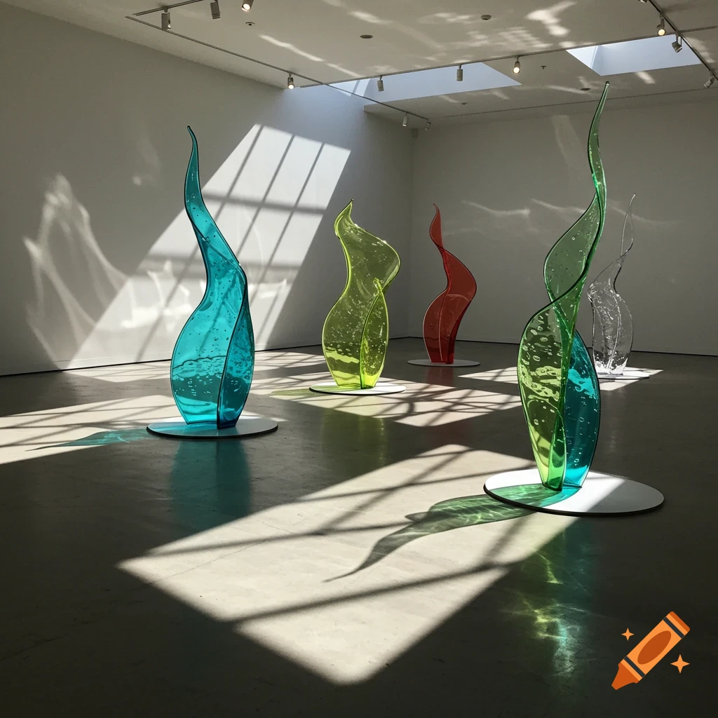 Colorful translucent sculptures casting dramatic shadows in a sunlit art gallery