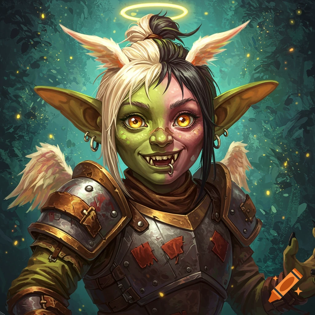 Illustration of a fantasy creature blending goblinoid and angelic features, wearing armor with a halo and wings.