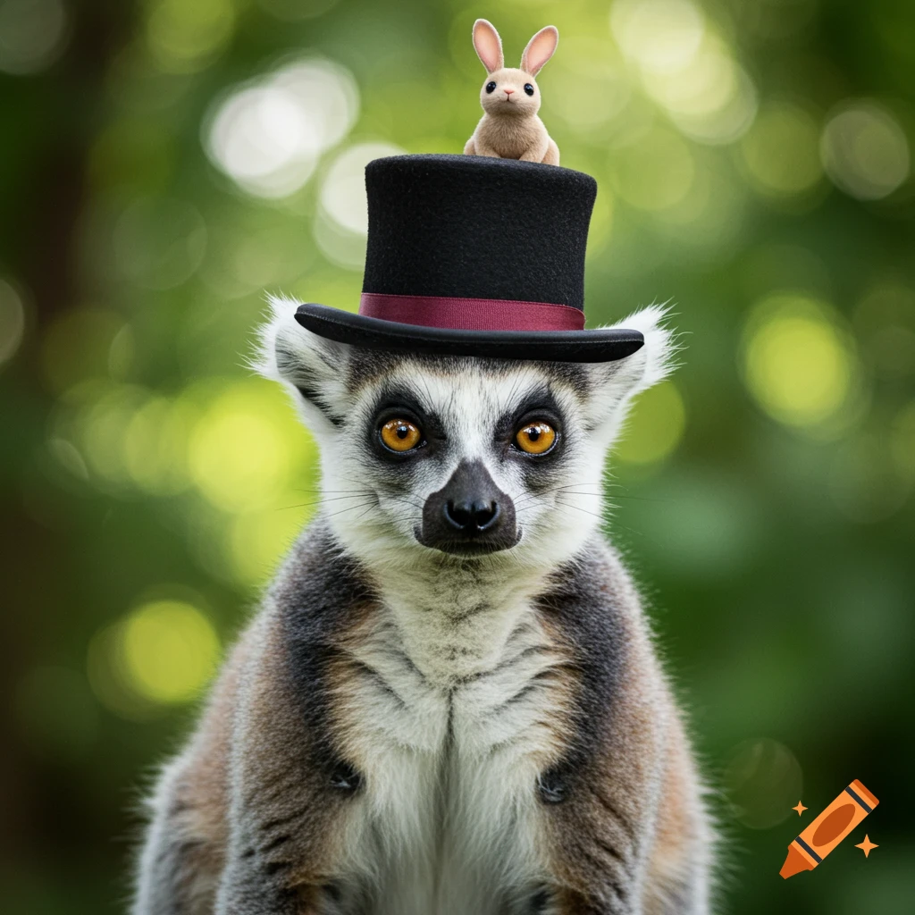 Ring-tailed lemur wearing a top hat with a bunny