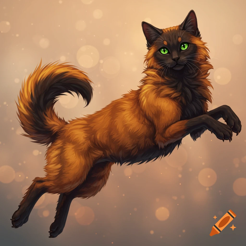 A long-haired brown and black cat with green eyes leaps through the air in a digital illustration style.