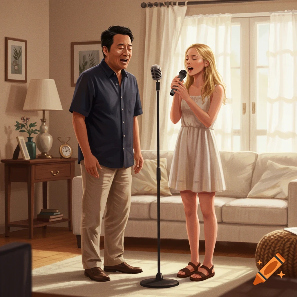 Illustration of a man and a woman singing into microphones in a sunny living room.