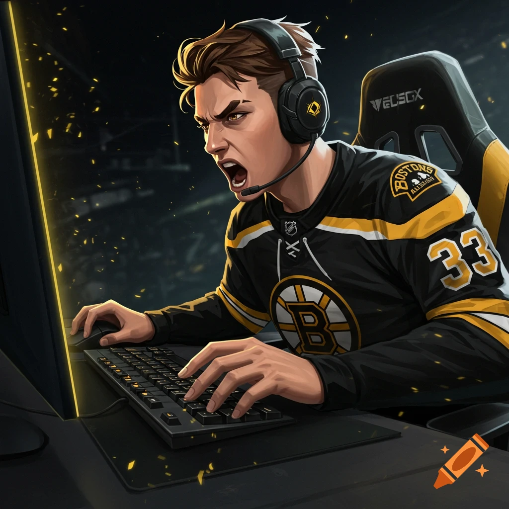 Stylized illustration of a gamer wearing a Boston jersey playing on a computer.