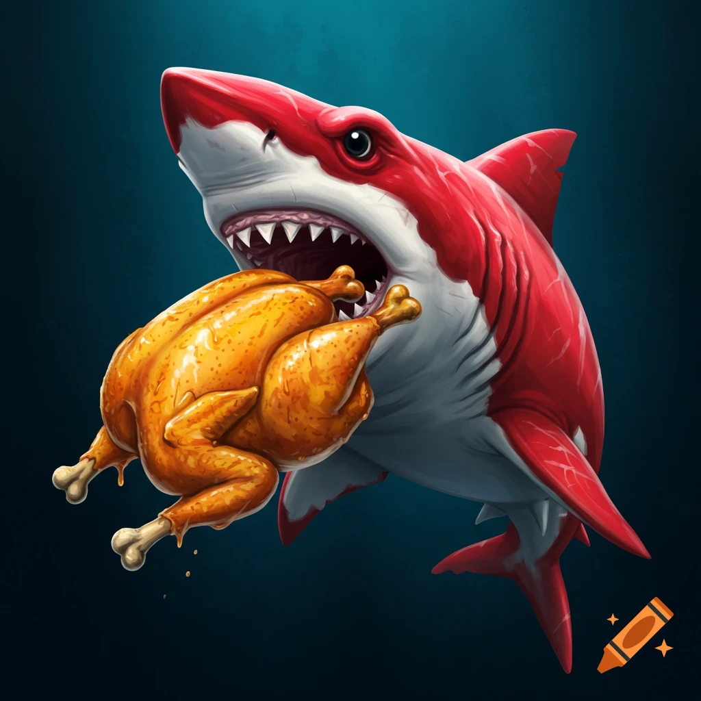 Illustration of a red and white shark with a cooked chicken in its mouth.