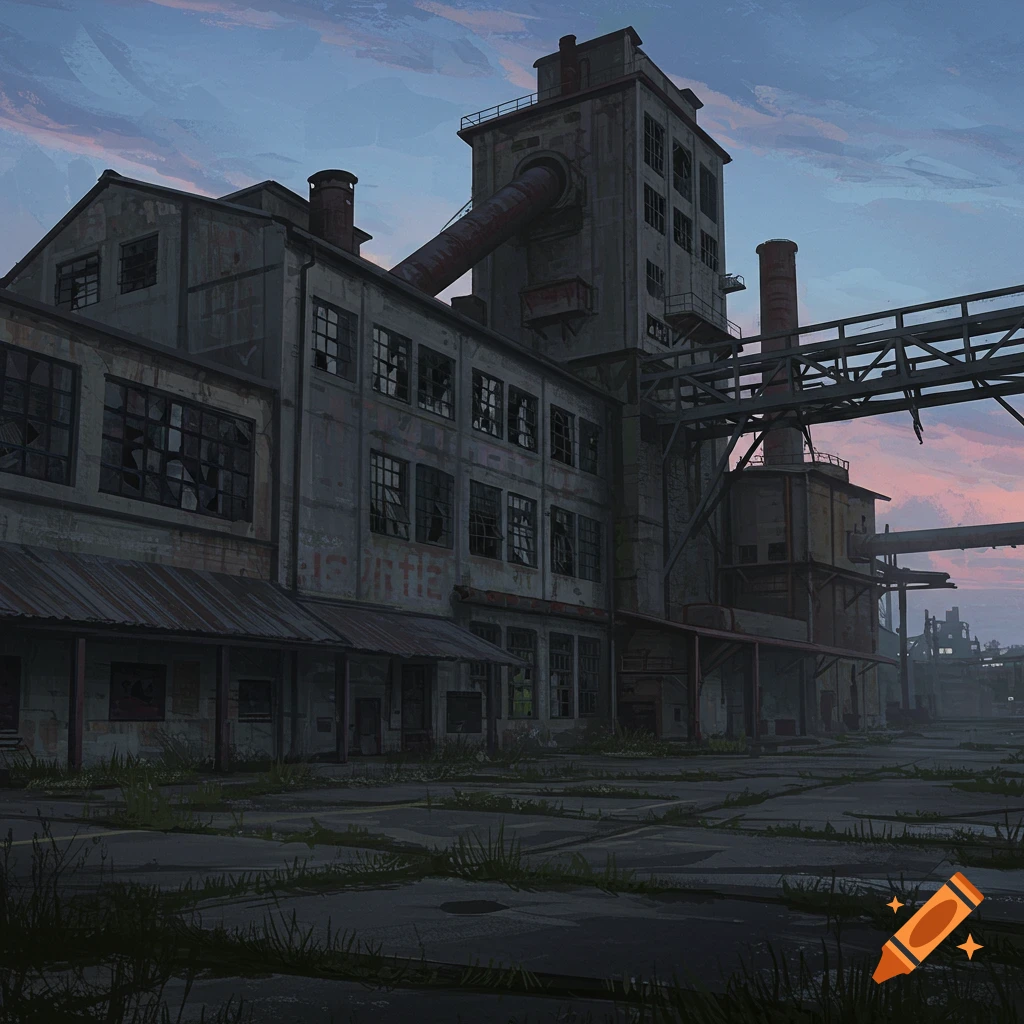 Abandoned factory building under a pink and blue sky, overgrown with weeds.
