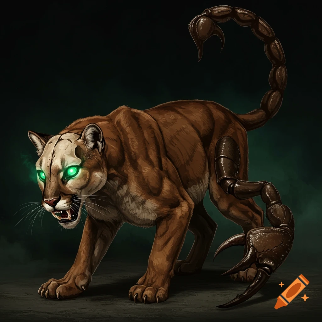Fantasy illustration of a cougar-scorpion hybrid creature with glowing green eyes and a skull face.