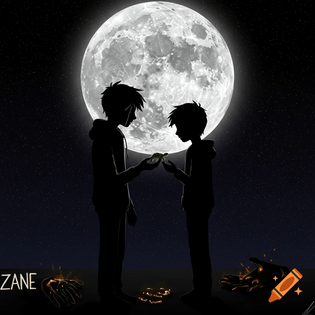 Silhouette illustration of two people under a full moon, one holding a turtle.
