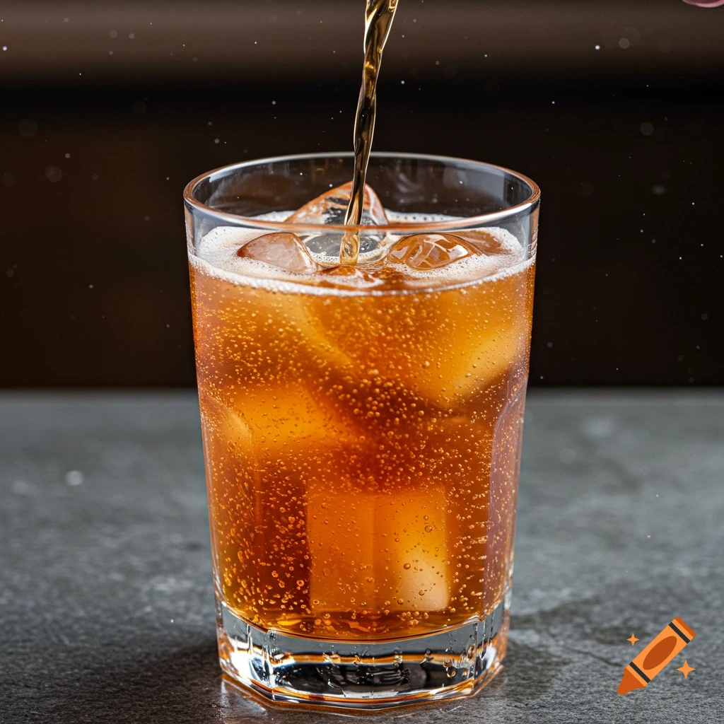 Liquid being poured into a glass with ice and bubbles, close-up