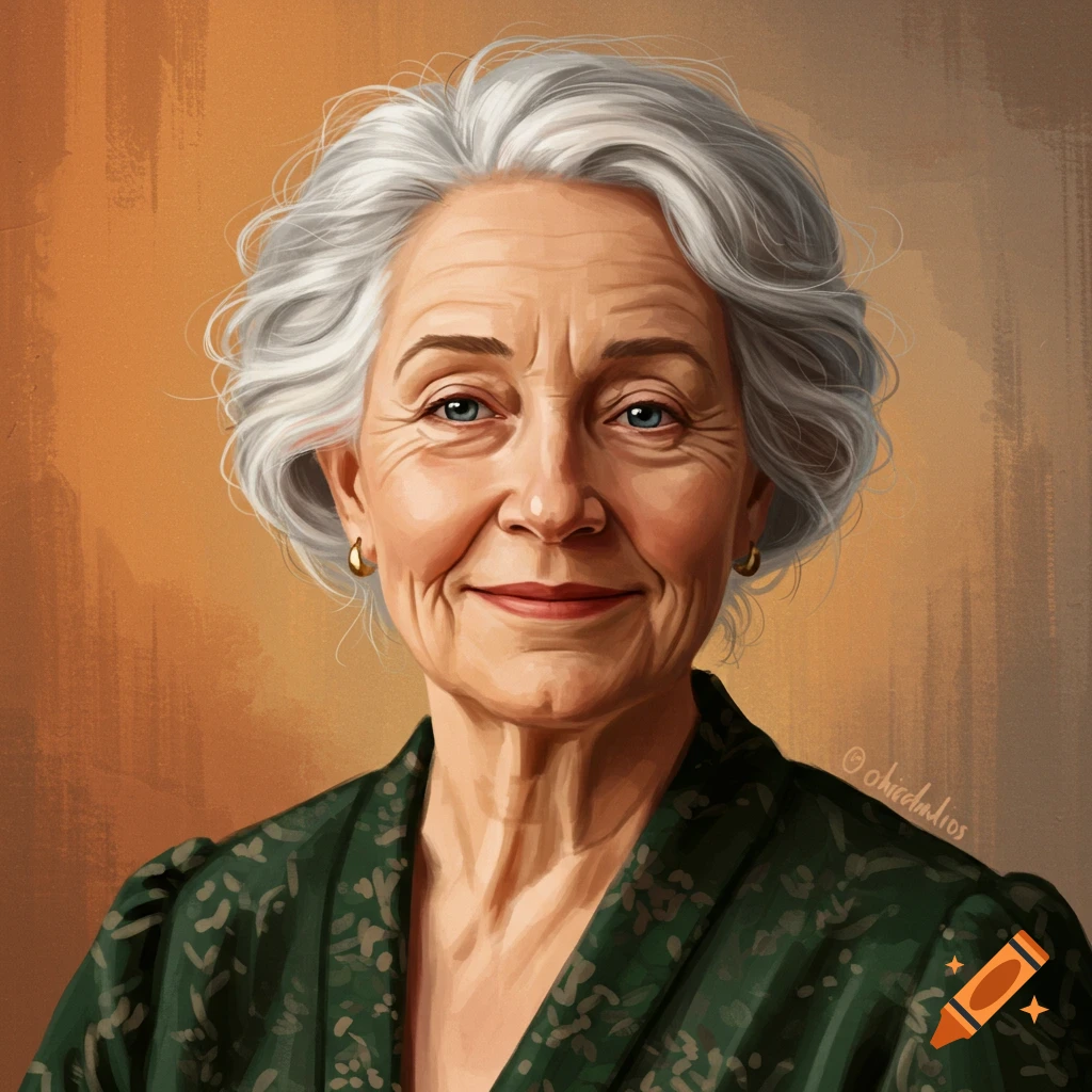 Portrait of a smiling elderly woman with short gray hair wearing a green patterned dress.