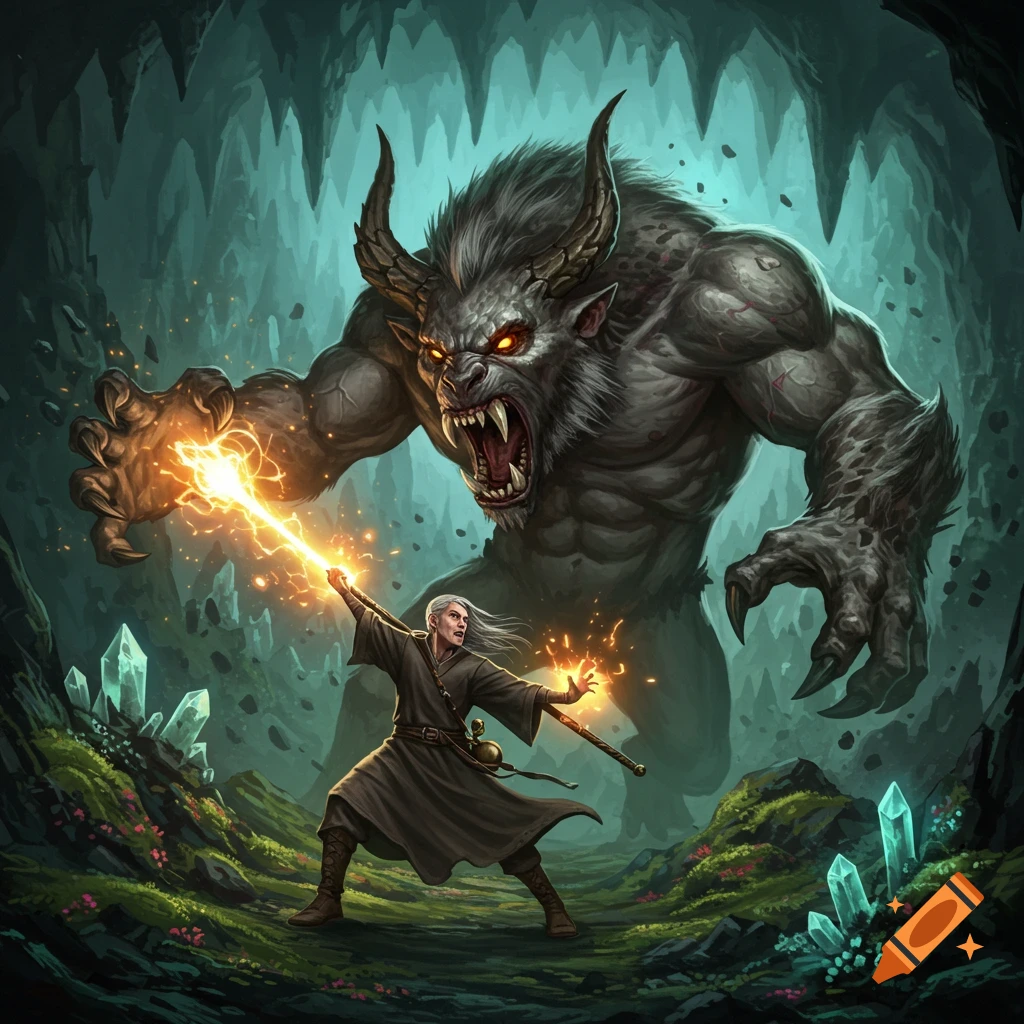 Fantasy illustration of a wizard battling a large monster in a crystal cave.