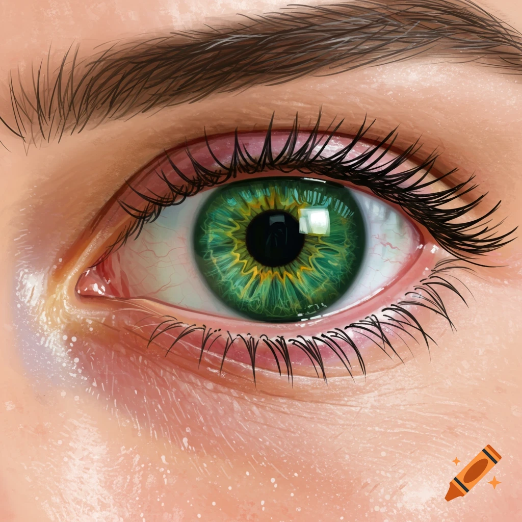 A close-up of a detailed green eye with long eyelashes and eyebrow.