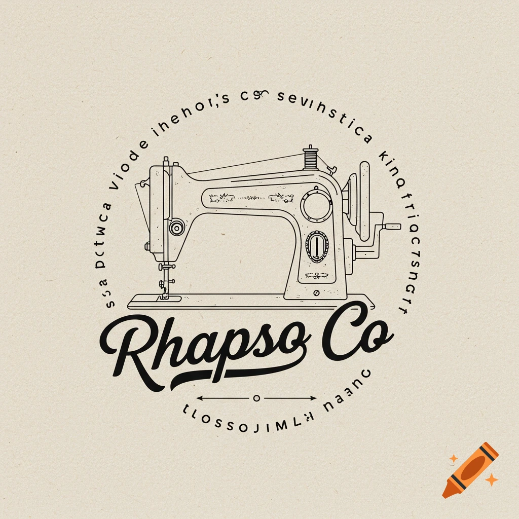 Line art logo featuring a vintage sewing machine, text reading "Rhapso Co", and decorative elements in a circular design.