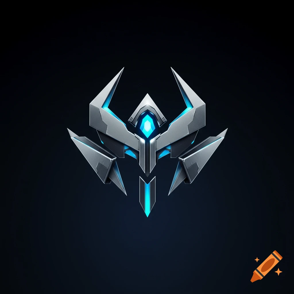 A futuristic metallic logo with bright blue glowing accents on a dark background.