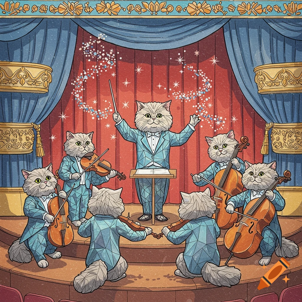 Illustration of an orchestra of cats in crystal art style performing on a stage.